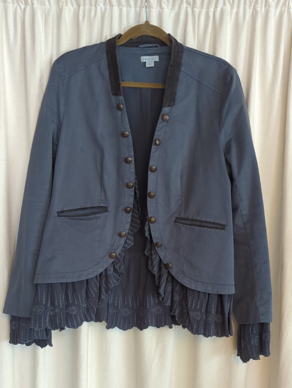 Sundance Gray Military-Style Jacket W/Decorative Charcoal Lace Trim - Picture 2 of 8